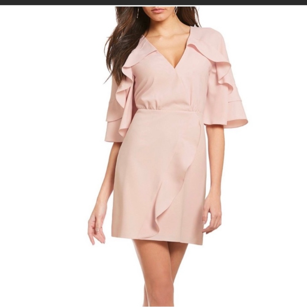 H Halston Blush Pink Ruffle Sleeve Surplice Dress Size 4